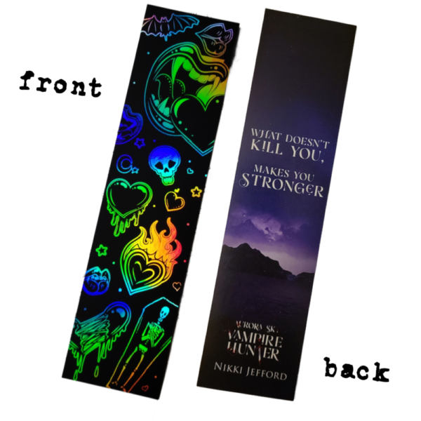 Front and back of Stakeout holographic bookmark